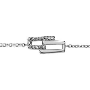 Bracelet en argent rhodié chaîne avec 2 rectangles ouverts imbriqués dont 1 orné d’oxydes blancs sertis et l’autre lisse au milieu – longueur 16cm + 2cm de rallonge