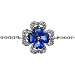 Bracelet en argent rhodié collection joaillerie chaîne avec au milieu trèfle à 4 feuilles en oxydes bleus avec contours en oxydes blancs sertis – longueur 16cm + 2cm de rallonge