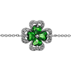 Bracelet en argent rhodié collection joaillerie chaîne avec au milieu trèfle à 4 feuilles en oxydes verts avec contours en oxydes blancs sertis – longueur 16cm + 2cm de rallongem