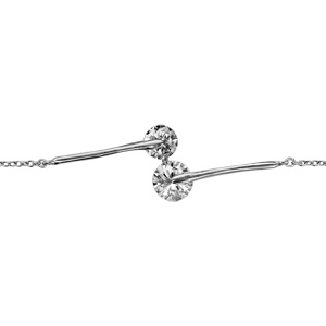 Bracelet en argent rhodié chaîne avec au milieu 2 baguettes lisses avec 1 oxyde rond blanc à chaque extrémité et qui se rejoignent – longueur 16cm + 2cm de rallonge