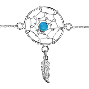 Bracelet en argent rhodié chaîne avec attrape rêves avec petite boule turquoise au milieu et plume suspendue au milieu – longueur 16cm + 2,5cm de rallonge