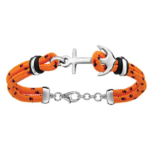 Bracelet en argent rhodié cordon doublé orange finement moucheté rouge et noir avec ancre de marine 