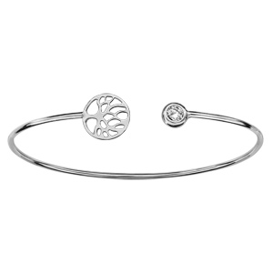 Bracelet jonc en argent rhodié ouvert avec 1 arbre de vie et 1 oxyde blanc serti clos aux extrémités
