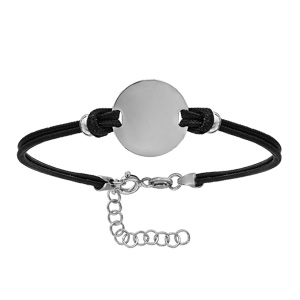 Bracelet en argent rhodié cordon doublé noir interchangeable avec plaque ronde – longueur 16cm + 3cm de rallonge