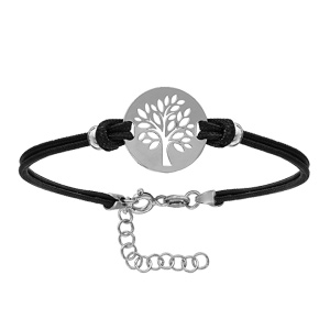 Bracelet en argent rhodié cordon doublé noir interchangeable avec plaque ronde avec 1 arbre de vie découpé – longueur 16cm + 3cm de rallonge