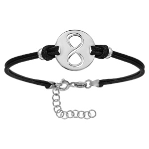 Bracelet en argent rhodié cordon doublé noir interchangeable avec plaque ronde avec symbole infini découpé – longueur 16cm + 3cm de rallonge