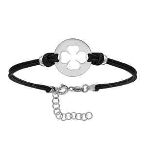 Bracelet en argent rhodié cordon doublé noir interchangeable avec plaque ronde avec trèfle à 4 feuil
