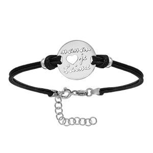 Bracelet en argent rhodié cordon doublé noir interchangeable avec plaque ronde avec coeur et maman j