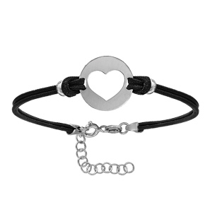 Bracelet en argent rhodié cordon doublé noir interchangeable avec plaque ronde avec 1 coeur découpé 