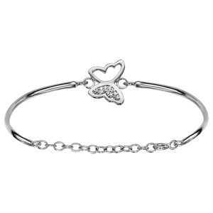 Bracelet jonc en argent rhodié avec papillon ajouré orné d’oxydes blancs sertis au milieu et chaînette de rallonge