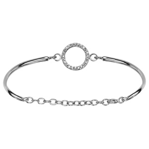 Bracelet jonc en argent rhodié avec anneau orné d'oxydes blancs sertis au milieu et chaînette de ral