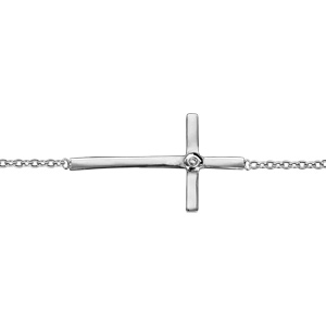 Bracelet en argent rhodié chaîne avec croix lisse couchée et 1 oxyde blanc serti à l’intersection – longueur 15,5cm + 2cm de rallonge