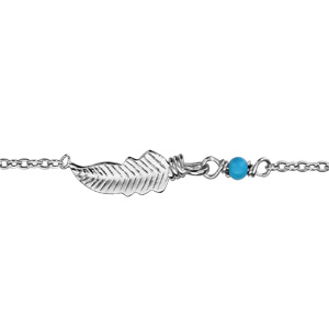 Bracelet en argent rhodié chaîne avec au milieu 1 petite plume et 1 boule turquoise – longueur 16cm + 2cm de rallonge