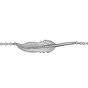 Bracelet en argent rhodié chaîne avec plume couchée et nervurée au milieu – longueur 15cm + 2cm de rallonge