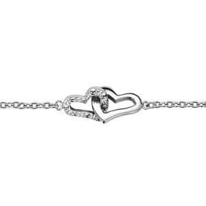 Bracelet en argent rhodié chaîne avec 2 coeurs emmaillés, 1 lisse et l’autre ouvragé – longueur 15cm + 2,5cm de rallonge
