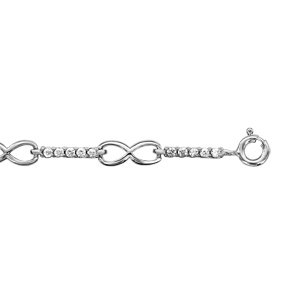 Bracelet en argent rhodié alternance de rails d’oxydes blancs sertis et symboles infini – longueur 17cm + 1cm de rallonge