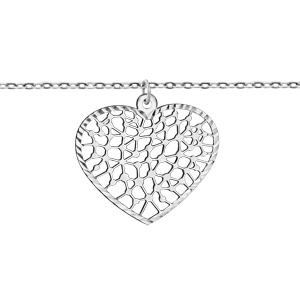 Bracelet en argent rhodié chaîne avec au milieu 1 pampille coeur ajouré en dentelle – longueur 16cm + 3cm de rallonge