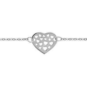 Bracelet en argent rhodié chaîne avec coeur ajouré en forme de coeurs – longueur 16cm + 3cm de rallonge