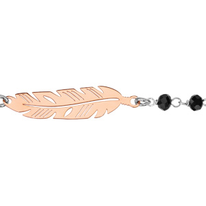 Bracelet en argent rhodié 2 plume dorées rose intercalées par des perles noires synthétiques – longueur 17cm + 3cm de rallonge