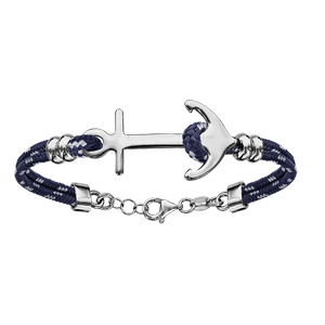Bracelet en argent rhodié cordon doublé bleu foncé finement moucheté gris avec ancre de marine au milieu – longueur 16cm + 4cm de rallonge
