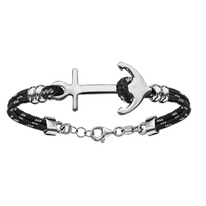 Bracelet en argent rhodié cordon doublé noir finement moucheté gris avec ancre de marine au milieu -