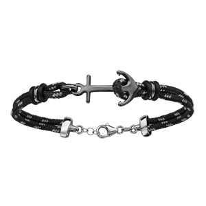 Bracelet en argent rhodié et traitement noir cordon doublé noir finement moucheté gris avec ancre de