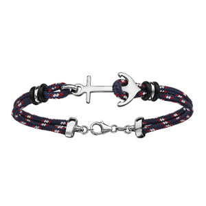 Bracelet en argent rhodié cordon doublé bleu foncé finement moucheté gris et rouge avec ancre de mar