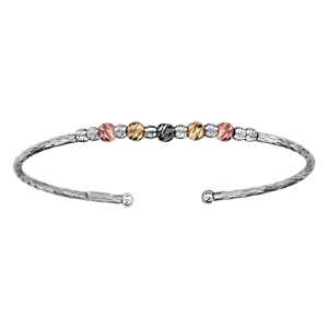 Bracelet jonc en argent rhodié diamanté ouvert avec boules diamantées en rhodium noir, dorées roses et jaunes sur le dessus