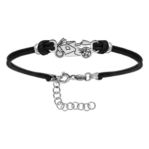 Bracelet en argent rhodié cordon doublé noir interchangeable avec moto de course au milieu – longueur 14cm + 3cm de rallonge