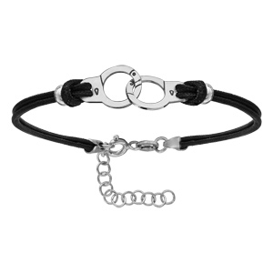 Bracelet en argent rhodié cordon fin doublé noir interchangeable avec menottes au milieu – longueur 16cm + 4cm de rallonge