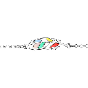 Bracelet en argent rhodié chaîne avec au milieu plume multicolore et ajourée - longueur 16cm + 3cm d