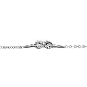 Bracelet en argent rhodié chaîne avec au milieu noeud orné d’oxydes blancs sertis emmaillé sur 1 brin lisse – longueur 16cm + 3cm de rallonge