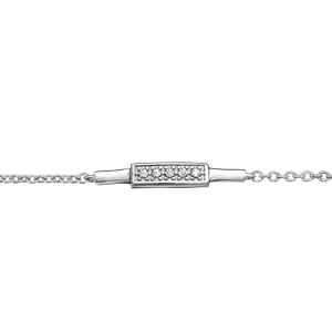 Bracelet en argent rhodié chaîne avec au milieu 1 bande lisse avec rectangle pavé d’oxydes blancs sertis – longueur 16cm + 3cm de rallonge