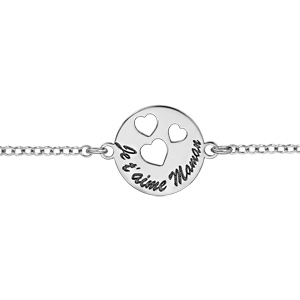 Bracelet en argent rhodié rondelle maman je t'aime 3 coeurs évidés 16cm + 3cm