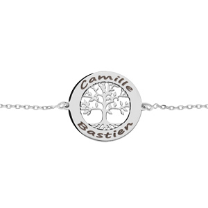 Bracelet en argent rhodié chaîne avec médaillon prénoms à graver motif petit arbre de vie 20mm  15,5+3cm