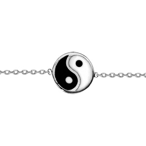Bracelet en argent rhodié chaîne avec médaillon Yin & Yang noir et blanc 15,5cm + 2cm