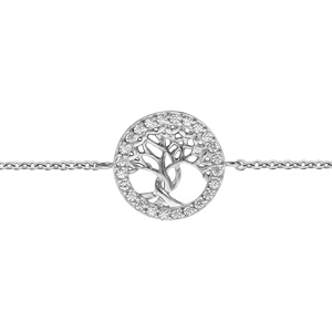 Bracelet en argent rhodié chaîne avec pastille arbre de vie orné d’oxydes blancs sertis longueur 16+2cm
