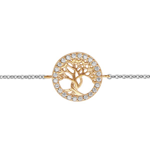 Bracelet en argent rhodié chaîne avec pastille arbre de vie dorure jaune orné d'oxydes blancs sertis