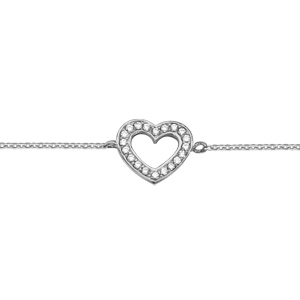 Bracelet en argent rhodié chaîne avec coeur ajouré orné d’oxydes blancs sertis 16+2cm