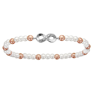 Bracelet enfant elastique perles blanche et rose motif infini argent rhodié et oxydes blancs sertis