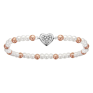 Bracelet enfant elastique perles blanche et rose motif coeurs argent rhodié et oxydes blancs sertis