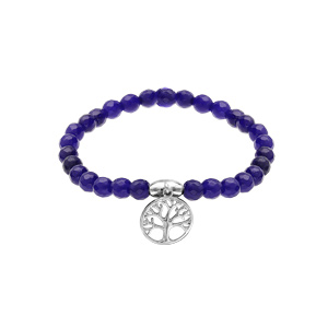Bracelet extensible avec pierres d’Agate bleu foncé et arbre de vie suspendu en argent rhodié