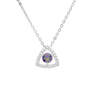 Collier en argent rhodié chaîne avec pendentif triangle avec oxyde arc en ciel mystique contour oxydes blancs sertis 42+3cm