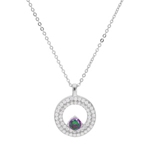 Collier en argent rhodié chaîne avec pendentif rond contour oxydes blancs et oxyde arc en ciel mysti