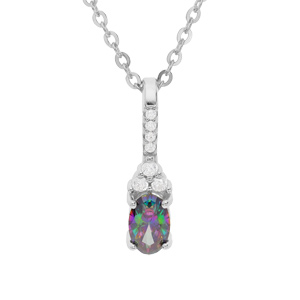 Collier en argent rhodié chaîne avec pendentif oxyde arc en ciel mystique supporté par barre d’oxydes blancs sertis 42+3cm