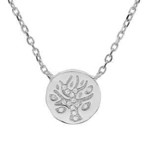 Collier en argent rhodié chaîne avec pendentif rond motif arbre de vie et oxydes blancs sertis 42+3c