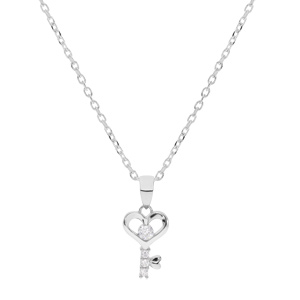 Collier en argent rhodié chaîne avec pendentif coeur et clefs avec oxydes blancs sertis 42+3cm