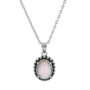 Collier en argent rhodié chaîne avec pendentif Opale blanche de synthèse cerclé de picot patiné 44,5