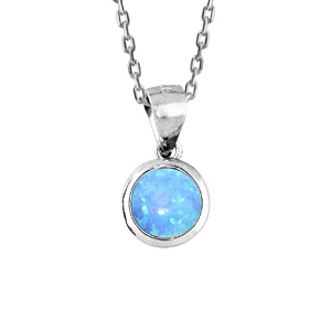 Collier en argent rhodié chaîne avec Pendentif opale de synthèse bleue ronde 44,5cm
