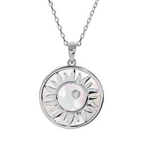 Collier en argent rhodié massif chaîne avec pendentif rond motif soleil fond de Nacre véritable et 1